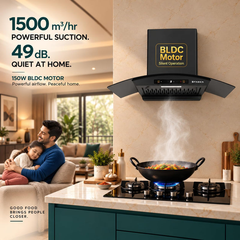 Faber Agile 75cm 1500m³/hr BLDC Autoclean Curved Shape Chimney | Built In Oil Collector | Touch & Gesture Control | 8Yr 