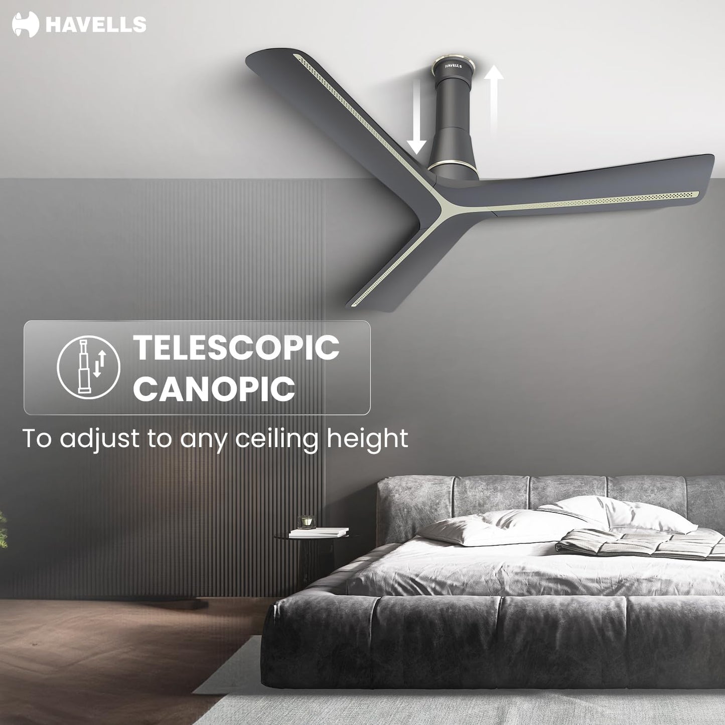 Havells Inveno LX 1200 mm BLDC Ceiling Fan|ABS Aerodyanamic Blades|Telescopic Canopy|Timer, Breeze,Sleep,MOP Modes|Reverse Feature|100% Copper Wire Motor|Free Installation|2 Year Warranty(Matt Slate)