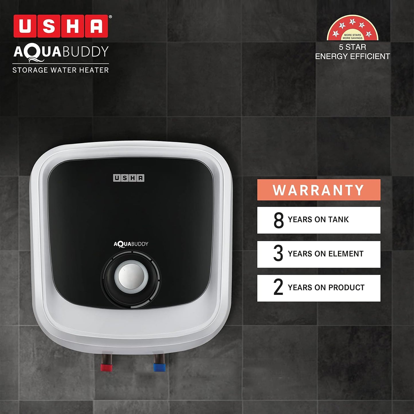 USHA Aquabuddy 15 Litre Storage Wall Water Heater With Free Installation (White Black)