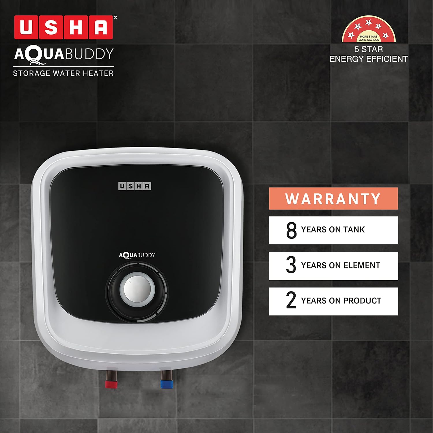 USHA Aquabuddy 15 Litre Storage Wall Water Heater With Free Installation (White Black)