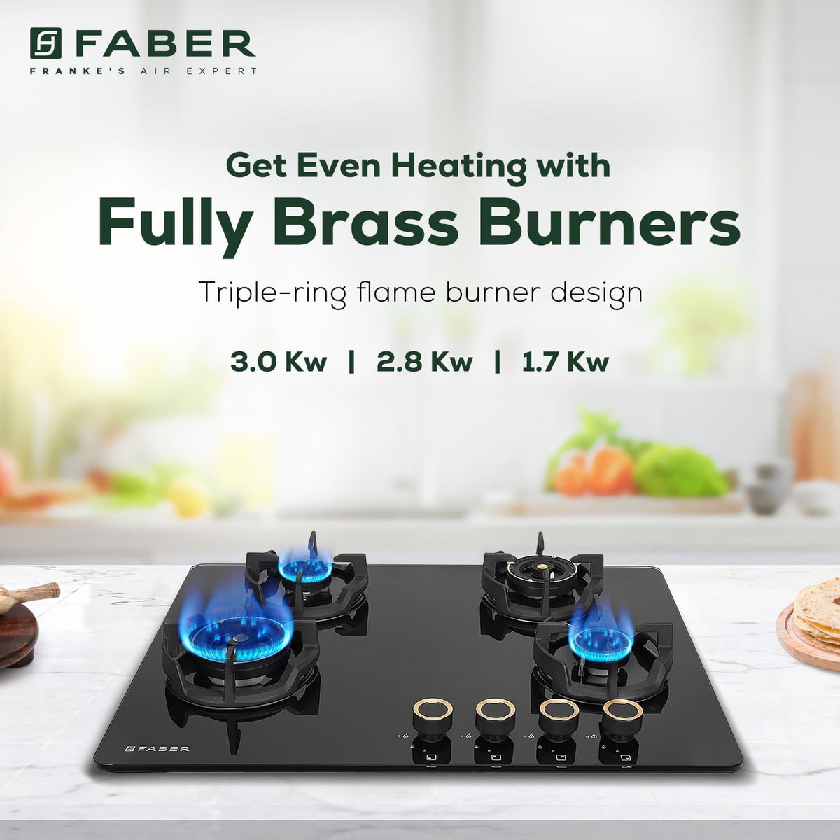 Faber 70Cm 4 Burner Hybrid Hob/Cooktop|Auto Ignition|Brass Burner|Cast Iron Pan Support|Glass Matt Finish|Metal Knob|1 Y
