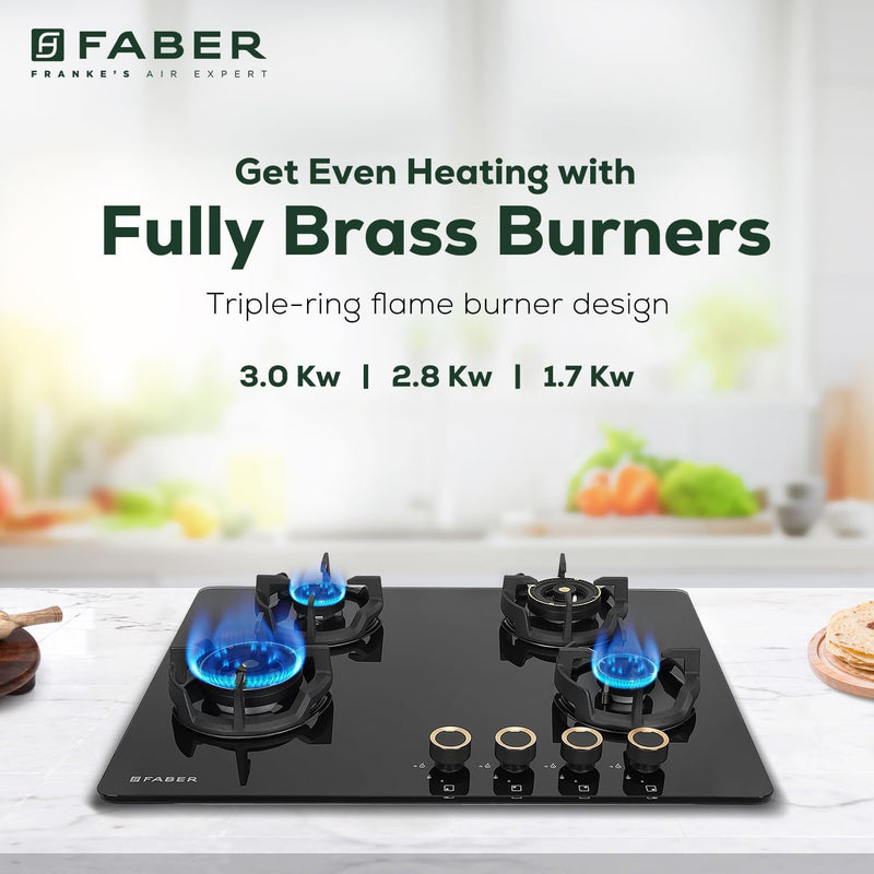 Faber 70Cm 4 Burner Hybrid Hob/Cooktop|Auto Ignition|Brass Burner|Cast Iron Pan Support|Glass Matt Finish|Metal Knob|1 Y