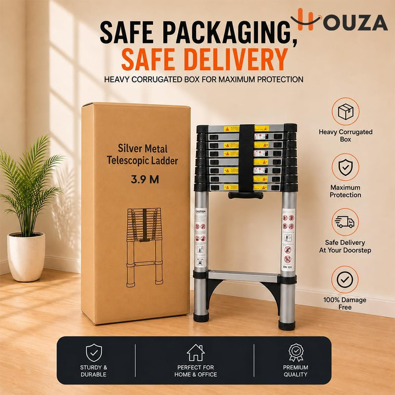 HOUZA 3.9m (13 ft) Steel Telescopic Ladder | 10-Step Foldable Extension Ladder | Portable & Collapsible Ladder for Home, Industrial & Outdoor Use | EN131 Certified | 1 Year Warranty(Silver & Black)