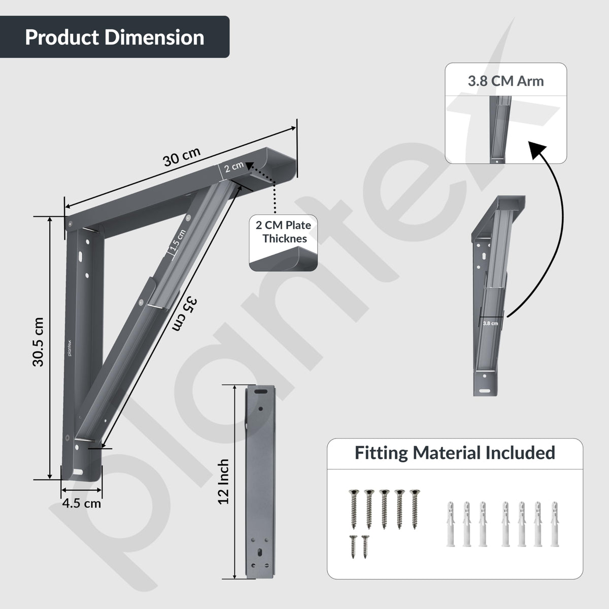 Plantex Heavy Duty 12 Inch Foldable Table Bracket/GI Steel Multipurpose Shelf Bracket/Space Saving Wall Bracket/Folding Bracket for Home & Office - Pair of 1 (Grey)-2