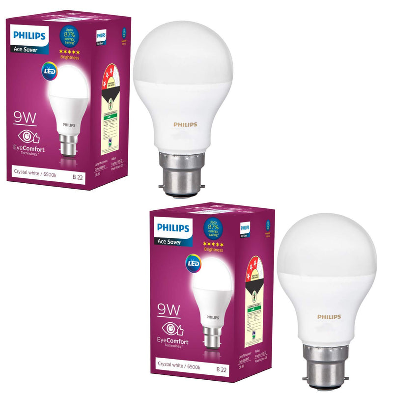Philips 9W LED Bulb Base B22 (Crystal White, Pack of 2)