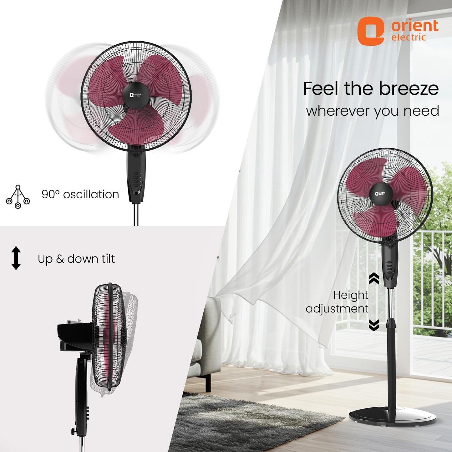 Orient Electric Stand 87 Pedestal Fan | High Speed 2100 RPM 95 CMM | 100% Copper Motor | 90 Degree Oscillation and Tilt | Adjustable Height | 3 Speed | Military Grade Guard| Black & Red
