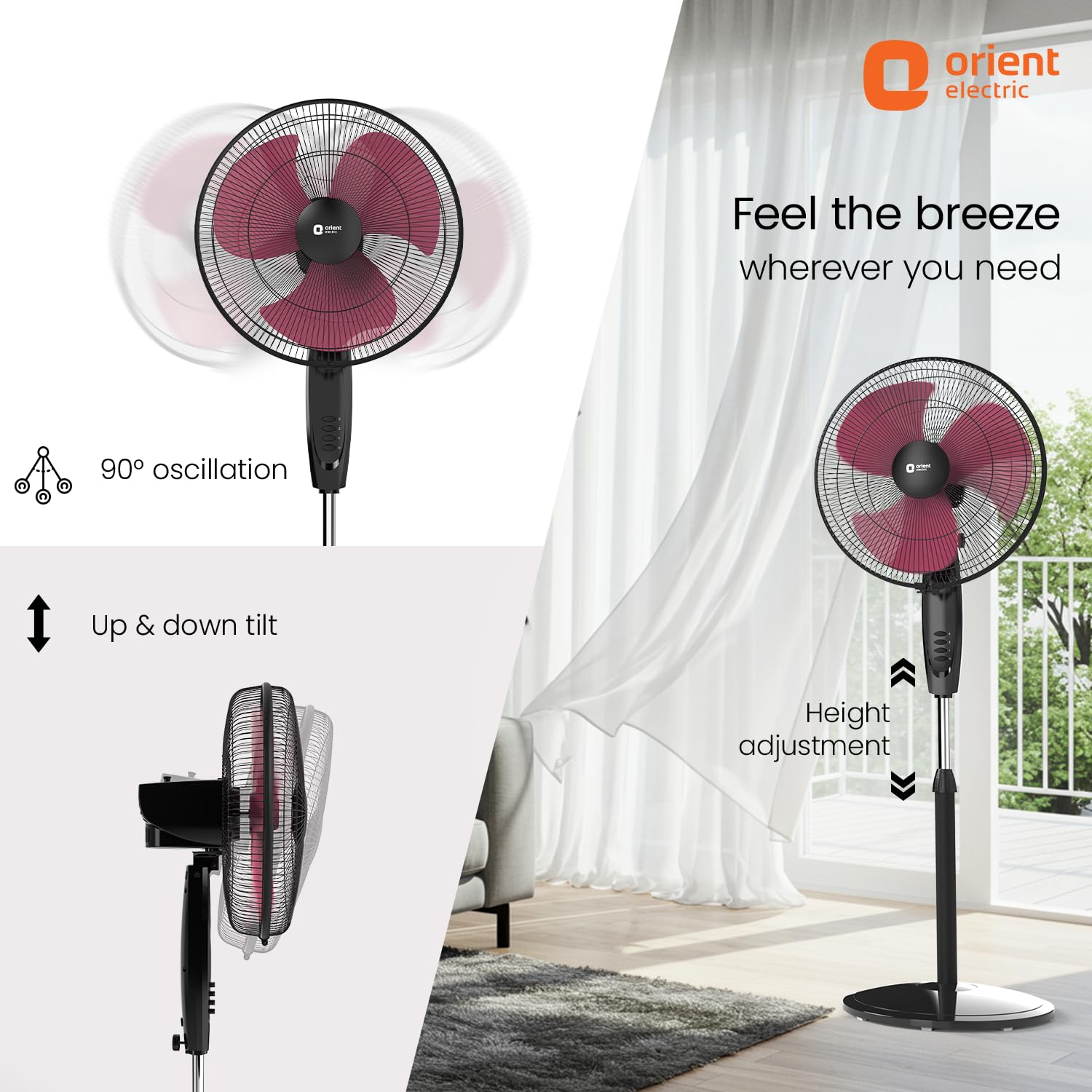 Orient Electric Stand 87 Pedestal Fan | High Speed 2100 RPM 95 CMM | 100% Copper Motor | 90 Degree Oscillation and Tilt | Adjustable Height | 3 Speed | Military Grade Guard| Black & Red