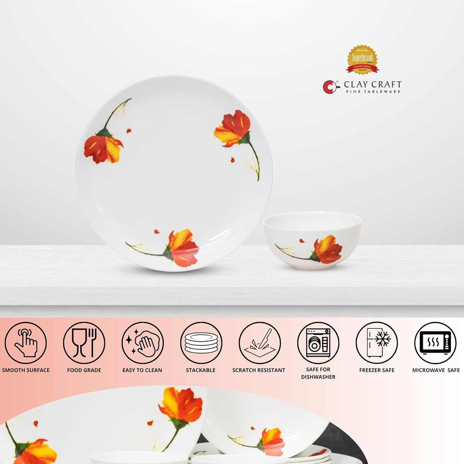 Clay Craft Fine Ceramic Eco Dinner Set, Enchanting Gold, for Family of 4, Dinner Set Ceramic, Crockery Set, Dining Set for Dinner, Crockery Set for Gift, Kitchen Set (ECO3, 8 Pieces)