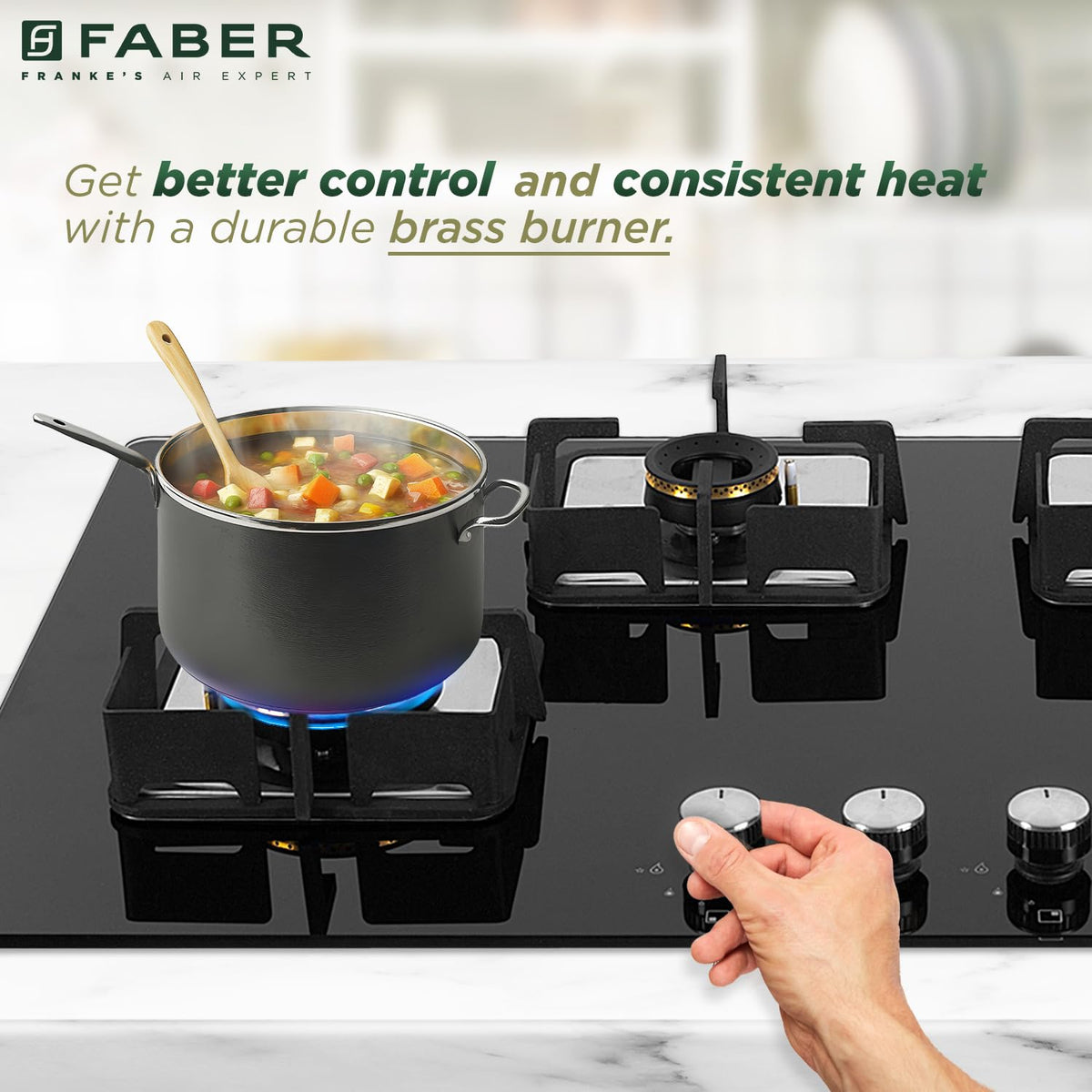 Faber 4 Burner HCT 90 cm Hob| Brass Burners| Bakelite Knobs| Cast Iron Pan Support| Hob/Cooktop Hybrid| Toughened Glass 