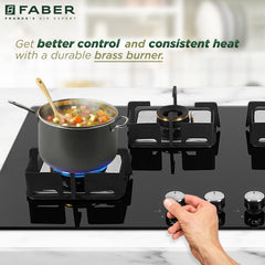 Faber 4 Burner HCT 90 cm Hob| Brass Burners| Bakelite Knobs| Cast Iron Pan Support| Hob/Cooktop Hybrid| Toughened Glass 