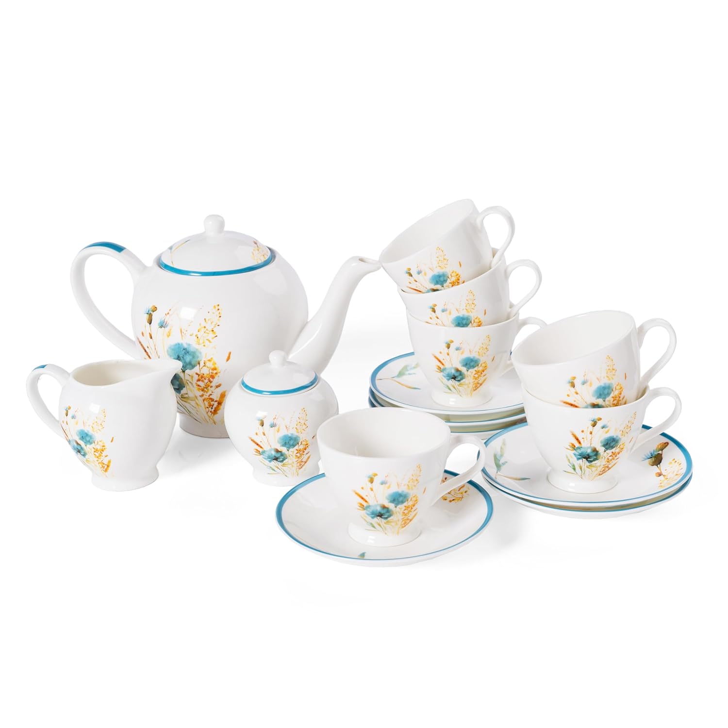 Clay Craft Fine Ceramic Tea Set of 15-1 Tea Pot with Lid +6 Cups+6 Saucers +1 Milk Pot + 1 Sugar Pot (King MW MW202)