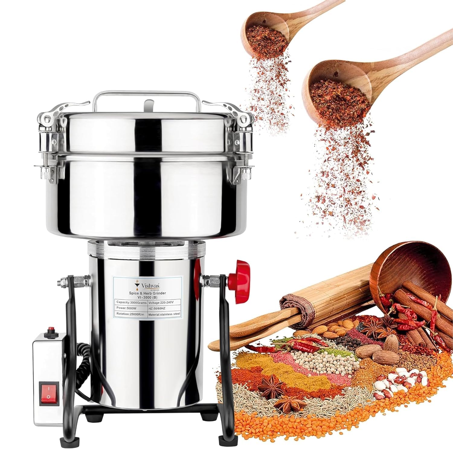 Vishvas Oil Maker Instant Dry Masala Grinder Machine for Business with 3-3.5kg Capacity Mixer Grinding for Spices, Herbs and Dry Fruits Masala Grinder 3 KG, Stainless Steel