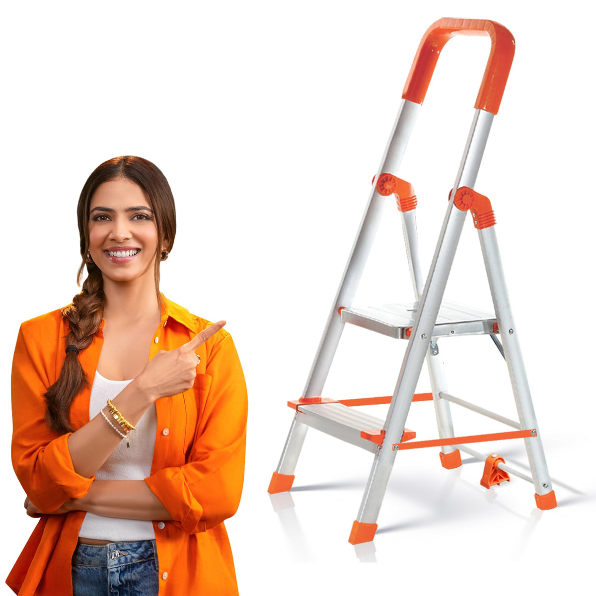 PROHOME Aluminium Ladder for Home 5 Steps Foldable with Railing & Anti-Skid Wide Steps | 5 Step Ladder for Home Use, Kitchen & Household | 250 Kg Capacity Folding Ladder | 5 Year Warranty (Orange)