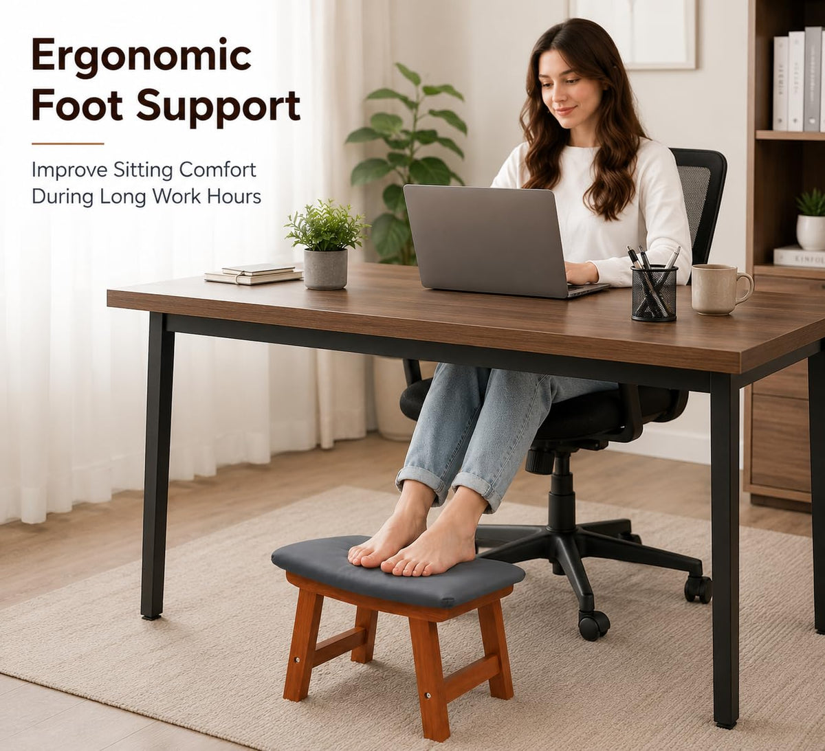 Wooden Footrest with Soft Cushion – Ergonomic Foot Stool for Under Desk, Home & Office Use | Sheesham Wood Padd