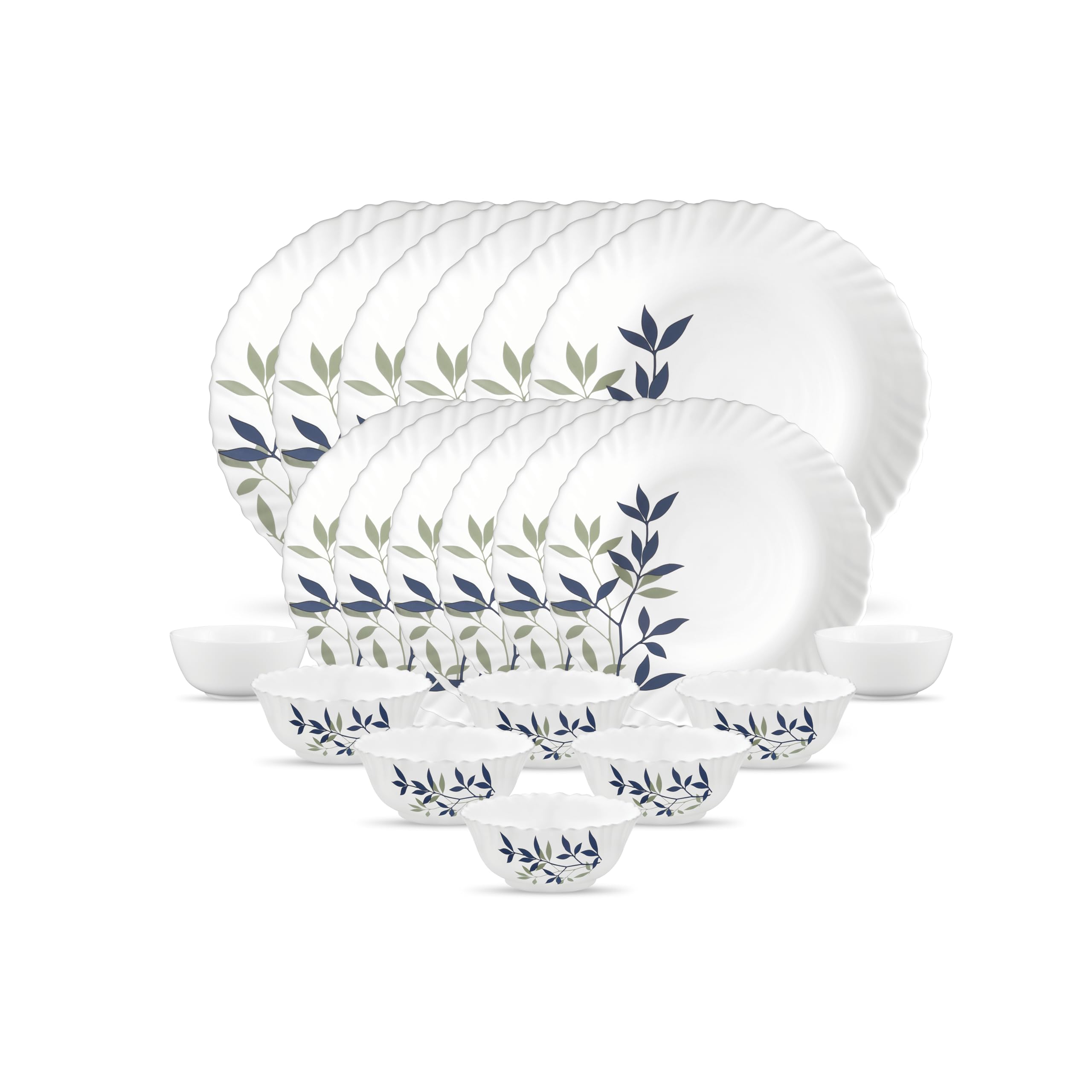 La Opala Novo Collection Opal Glass Crockery | for Family of 6 | Dinner Set 20 pcs Lush Greens | Plates & Bowls for Dining | Microwave Safe | 100% Vegetarian | Extra Strong | Light & White