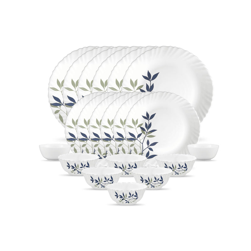 La Opala Novo Collection Opal Glass Crockery | for Family of 6 | Dinner Set 20 pcs Lush Greens | Plates & Bowls for Dining | Microwave Safe | 100% Vegetarian | Extra Strong | Light & White