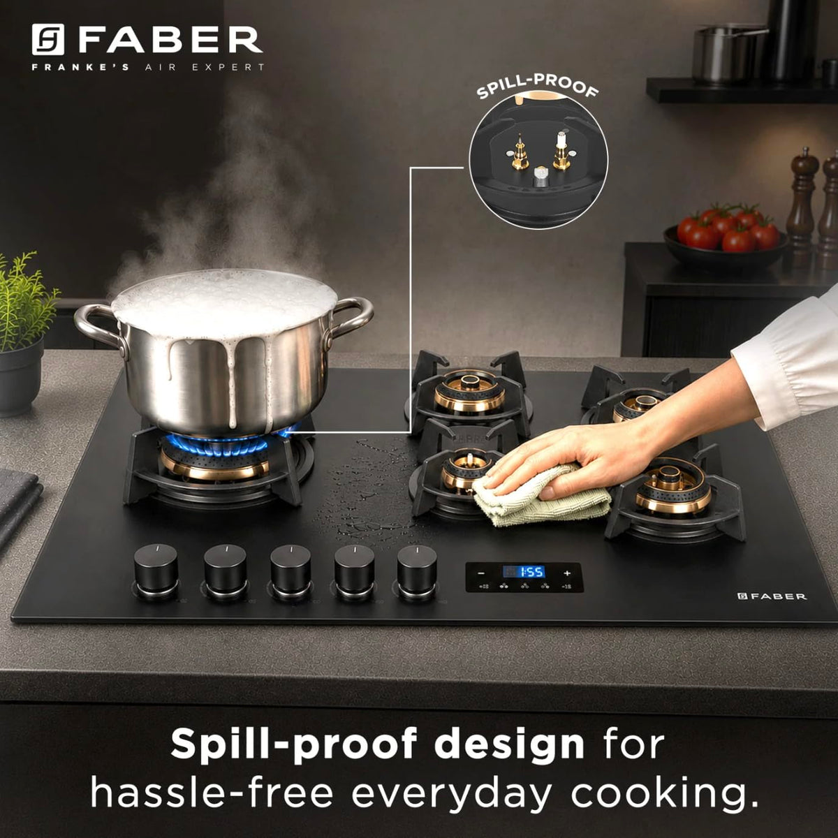 Faber 5 Burner 90Cm Hybrid HOB| Multiple Timer & Power Level Display |3.6Kw Brass Burner|Free Installation|2 Years Compr
