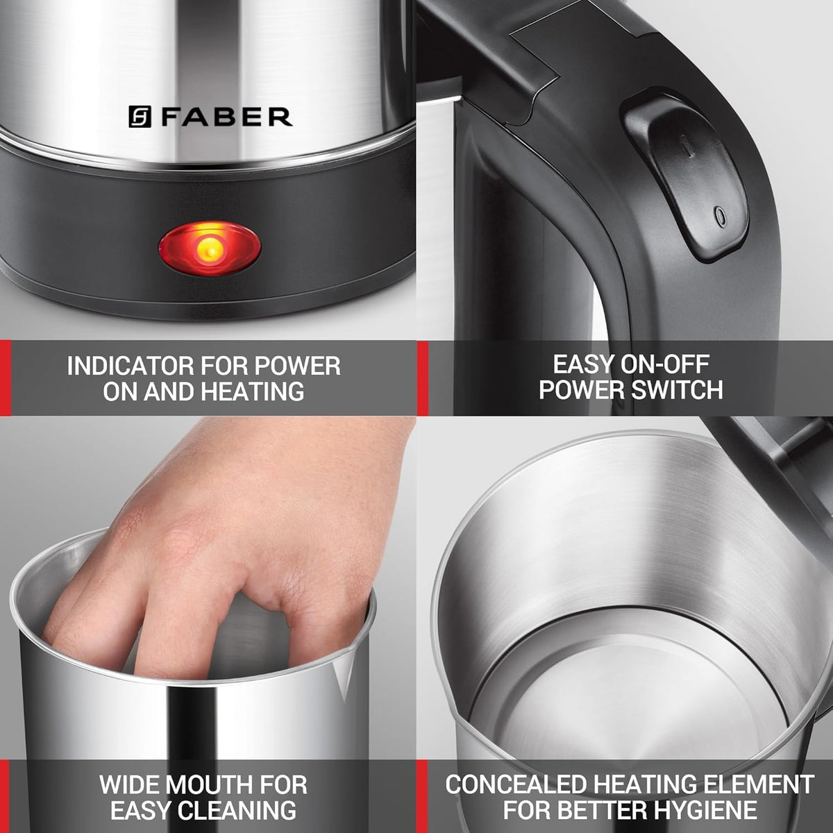 Faber Electric Water Kettle | 0.5L | 550W | Free 2 Cups | 3X Protection - Auto Off, Dry Boil, Overheating | SS Body | 36
