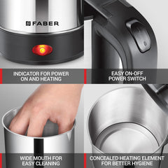 Faber Electric Water Kettle | 0.5L | 550W | Free 2 Cups | 3X Protection - Auto Off, Dry Boil, Overheating | SS Body | 36