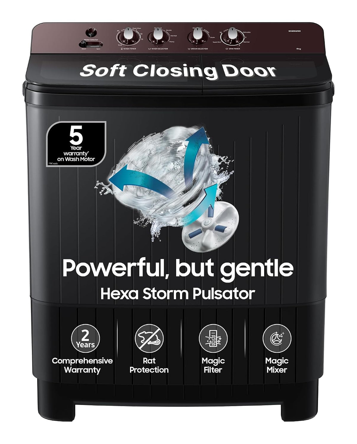 Samsung 8 kg, 5 Star, Soft Closing Door, Hexa Strom Pulsator, Semi-Automatic Top Load Washing Machine (WT80F4560RD/TL, Light Gray, 5 Year Warranty on)-1