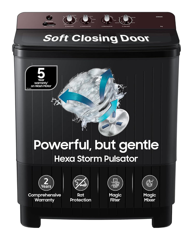 Samsung 8 kg, 5 Star, Soft Closing Door, Hexa Strom Pulsator, Semi-Automatic Top Load Washing Machine (WT80F4560RD/TL, Light Gray, 5 Year Warranty on)-1