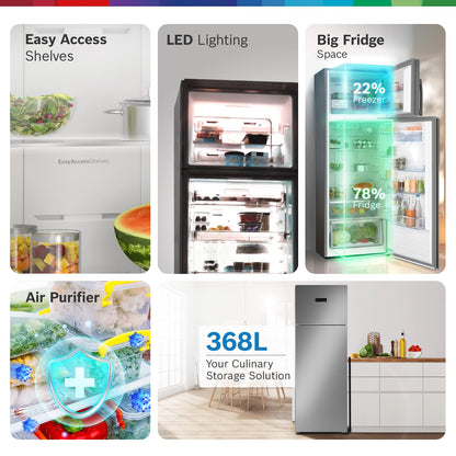 Bosch 368L, 3-Star, Inverter Frost free Double Door Refrigerator (2025 Model, CTC39K03NI, 6-in-1 Convertible, 18 Hours Cooling Retention, Digital Display, Super Freeze, 80min Convert, Smoky Steel)