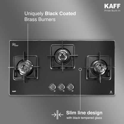 KAFF 3 Burner Cooktop for Kitchen | 71CM With Ignition | For Modern Kitchen | Ergonomic Knob |Tri-Pin Brass Burners| ISI Certified | Black | CTS713BAI