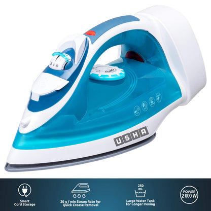 USHA Helix Pro Smart Steam Iron 2000 W with Easy-Wind Retractable Cord, Durable Ceramic Soleplate, 3-Way Auto Shut Off, Anti-Drip, Anti-Calc Function (Blue & White)
