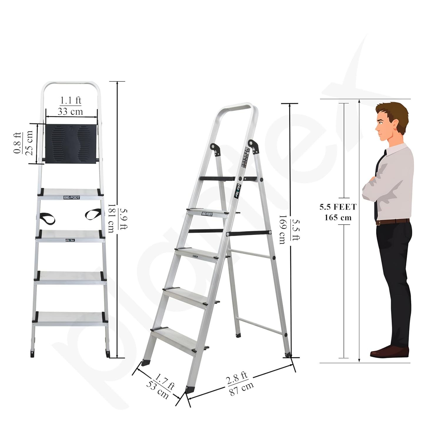 Plantex Big Foot 5 Step Foldable Aluminium Ladder/Step Ladder for Home Use with Wide Anti-Slip Steps and Secured Joints/5-Year Manufacturer Warranty(Black & Silver)