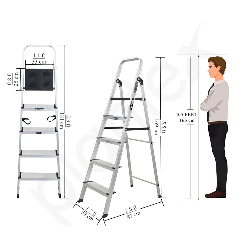 Plantex Big Foot 5 Step Foldable Aluminium Ladder/Step Ladder for Home Use with Wide Anti-Slip Steps and Secured Joints/5-Year Manufacturer Warranty(Black & Silver)