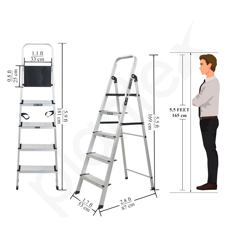 Plantex Big Foot 5 Step Foldable Aluminium Ladder/Step Ladder for Home Use with Wide Anti-Slip Steps and Secured Joints/5-Year Manufacturer Warranty(Black & Silver)-3