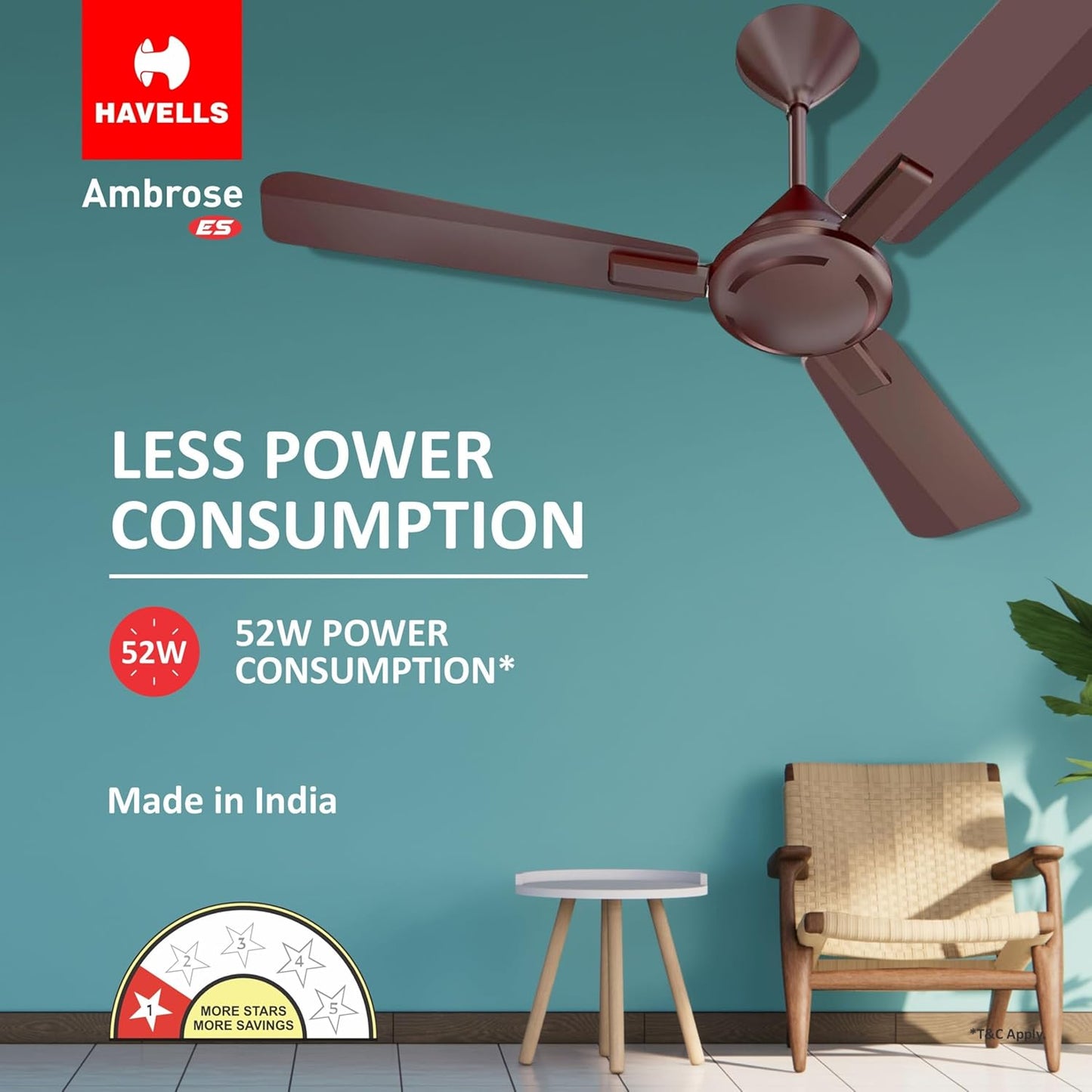 Havells 1200mm Ambrose ES Ceiling Fan|Premium Finish, Deco. Fan, Elegant Looks, High Air Delivery, Energy Saving, 100% Pure Copper Motor|2 Year Warranty by Brand (Pack of 1, Cola Espresso Brown)1 Star