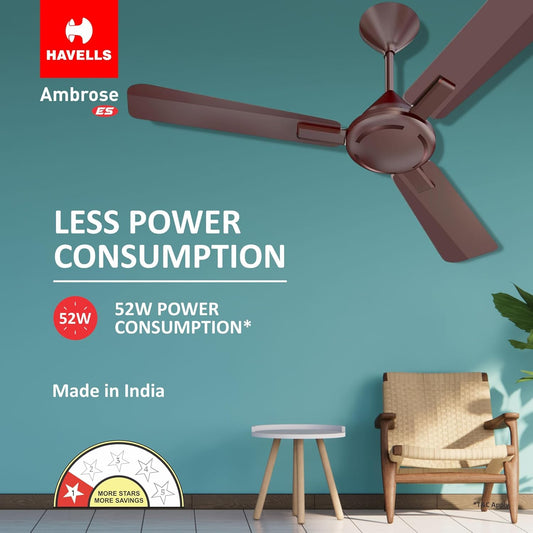 Havells 1200mm Ambrose ES Ceiling Fan|Premium Finish, Deco. Fan, Elegant Looks, High Air Delivery, Energy Saving, 100% Pure Copper Motor|2 Year Warranty by Brand (Pack of 1, Cola Espresso Brown)1 Star