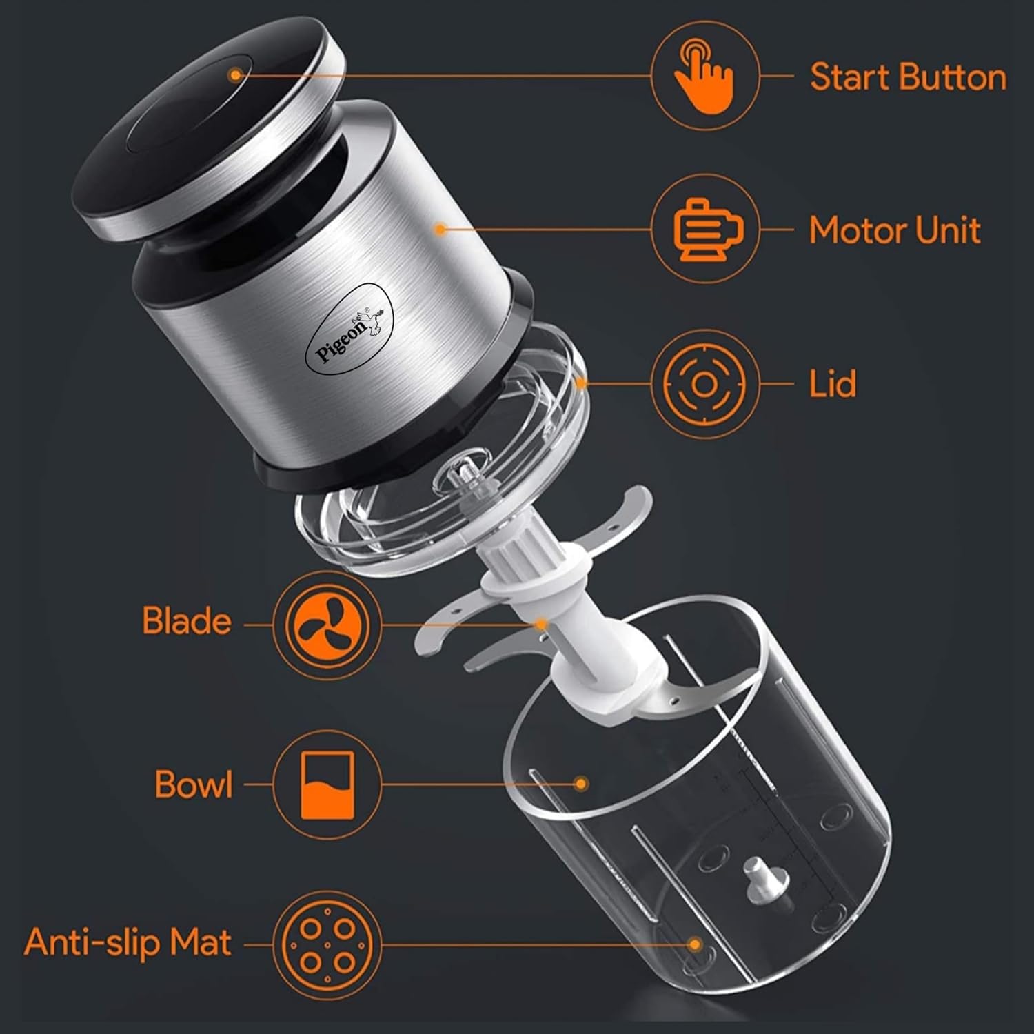 Pigeon Ultra Fast Electric 300 Watts Electric Chopper For Kitchen, Twin Blade Technology, 600 Ml 'Chop-N-Store' Plastic Bowl With Lid, Vegetable Chopper, Cutter, Chop, Mince, Dice, Whisk, Blend, Red