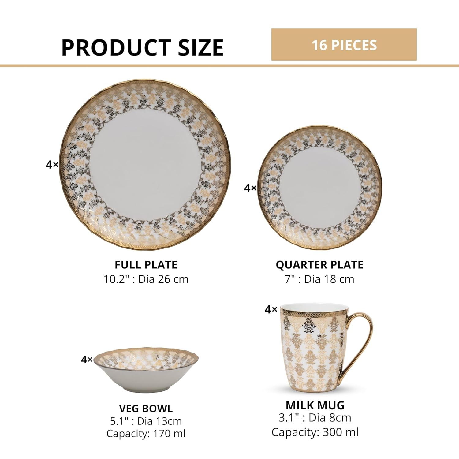 Clay Craft Fine Ceramic Ebony Dinner Set, Enchanting Gold, for Family of 4, Dinner Set Ceramic, Crockery Set, Dining Set for Dinner, Crockery Set for Gift, Kitchen Set (16 Pieces, E625)