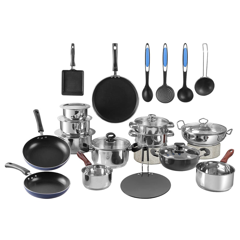 Vinod Kitchen in The Box Stainless Steel Cookware Set – 25 Piece Combo | Multipurpose Bartan & Donga Set for Cooking | Induction & Gas Stove Compatible – Silver
