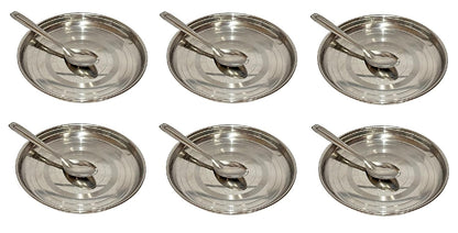 Dynore Stainless Steel Breakfast Plates 6 with 6 Spoons- Set of 12 Pcs | Quarter Plates | High Grade Tiffin Plates | Small Nashta Plate | Steel Plates for Kids Snacks Plates (Dia 17.5 cm)