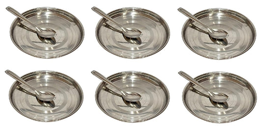 Dynore Stainless Steel Breakfast Plates 6 with 6 Spoons- Set of 12 Pcs | Quarter Plates | High Grade Tiffin Plates | Small Nashta Plate | Steel Plates for Kids Snacks Plates (Dia 17.5 cm)