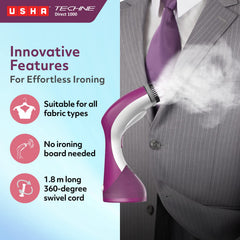 USHA Techne Direct 1000 Garment Steamer- Vertical Steaming, 920 Watts, Up To 21 G/Min (Purple & White)