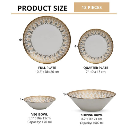 Clay Craft Fine Ceramic Ebony Dinner Set, Enchanting Gold, for Family of 4, Dinner Set Ceramic, Crockery Set, Dining Set for Dinner, Crockery Set for Gift, Kitchen Set (13 Pieces, E625)