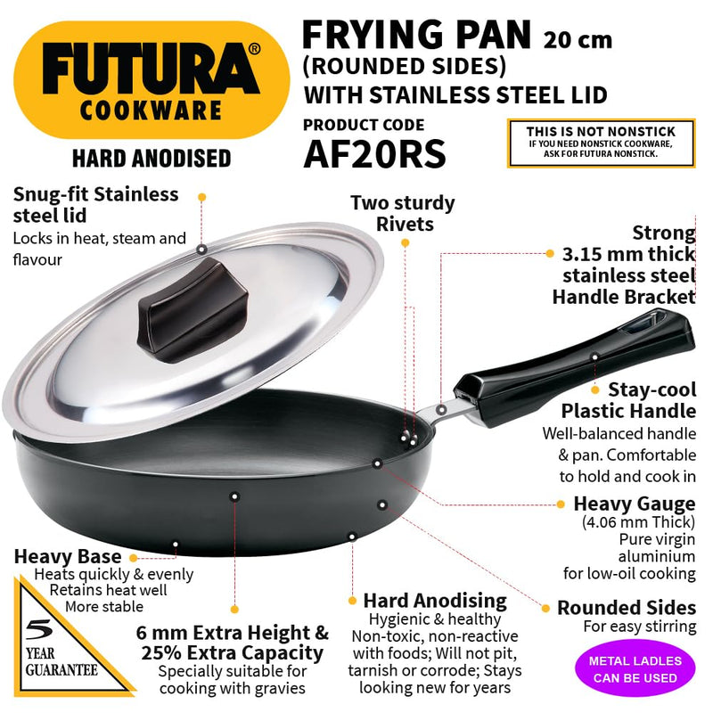 Hawkins Futura 20 cm Frying Pan, Hard Anodised Fry Pan with Stainless Steel Lid with Extra Height and Rounded Sides, Black (AF20RS)