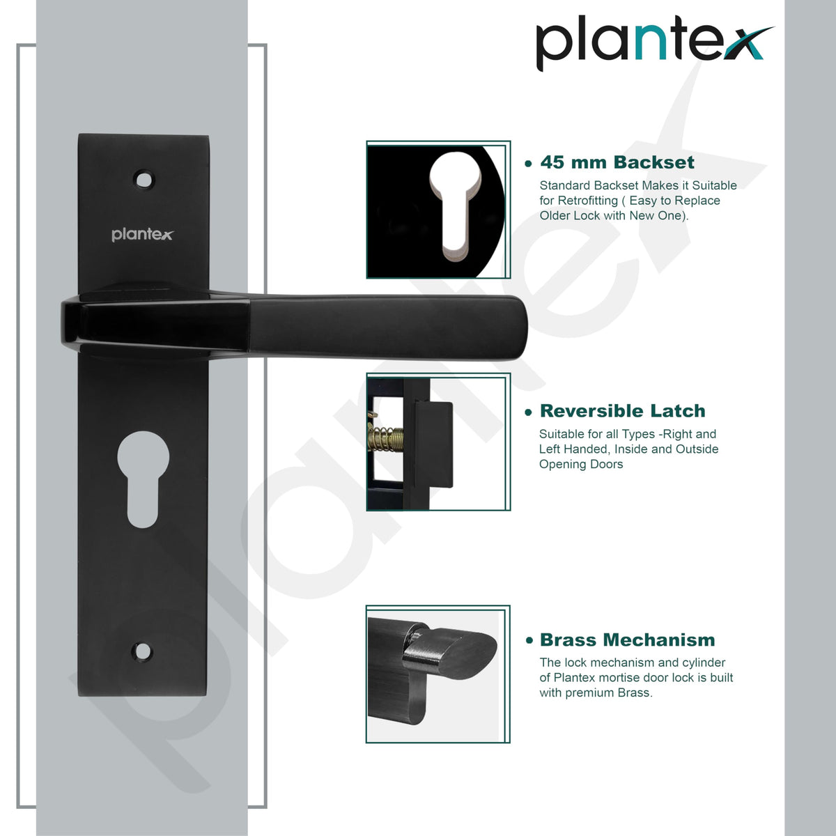 Plantex Heavy-Duty Door Lock Set - Main Door Lock Handle Set/Mortise Lock with 3 Keys, Brass Lock Body & Cylinder (8114 - Z Black & DC Black)-6