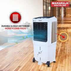 Maharaja Whiteline MAXFROST 90 Desert Air Cooler with 90 ltr Large Tank Capacity, 200W (White & Navy Blue)