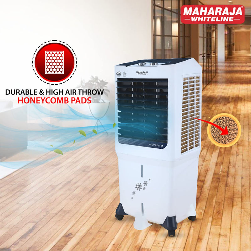 Maharaja Whiteline MAXFROST 90 Desert Air Cooler with 90 ltr Large Tank Capacity, 200W (White & Navy Blue)