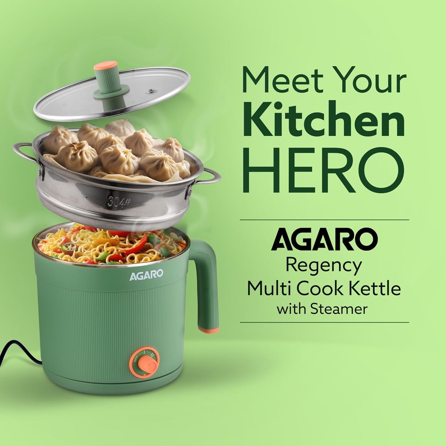 AGARO Regency Multi Cook Kettle With Steamer, 1.2L Inner Pot, Double Layered Body, Variable Temperature Settings, Wide Mouth, Boiling, Steaming, Tea, Coffee, Egg, Vegetable Boiling, 600W, Sea Green