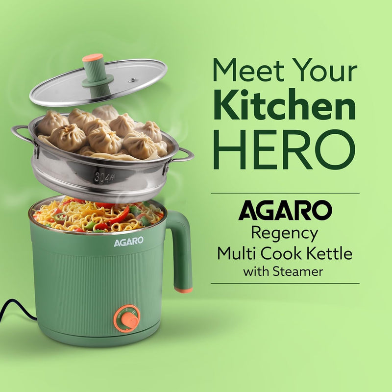 AGARO Regency Multi Cook Kettle With Steamer, 1.2L Inner Pot, Double Layered Body, Variable Temperature Settings, Wide Mouth, Boiling, Steaming, Tea, Coffee, Egg, Vegetable Boiling, 600W, Sea Green