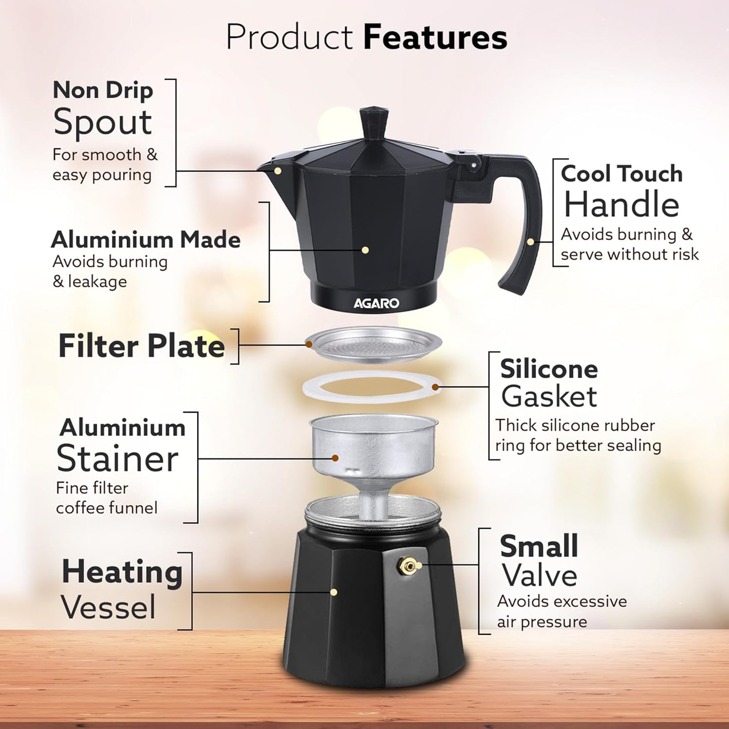 AGARO Classic Moka Pot, Stovetop, Espresso Coffee Maker, 240 Ml, Premium Aluminium Built, Italian Style Mocha, Cuban Café Brewing, Black