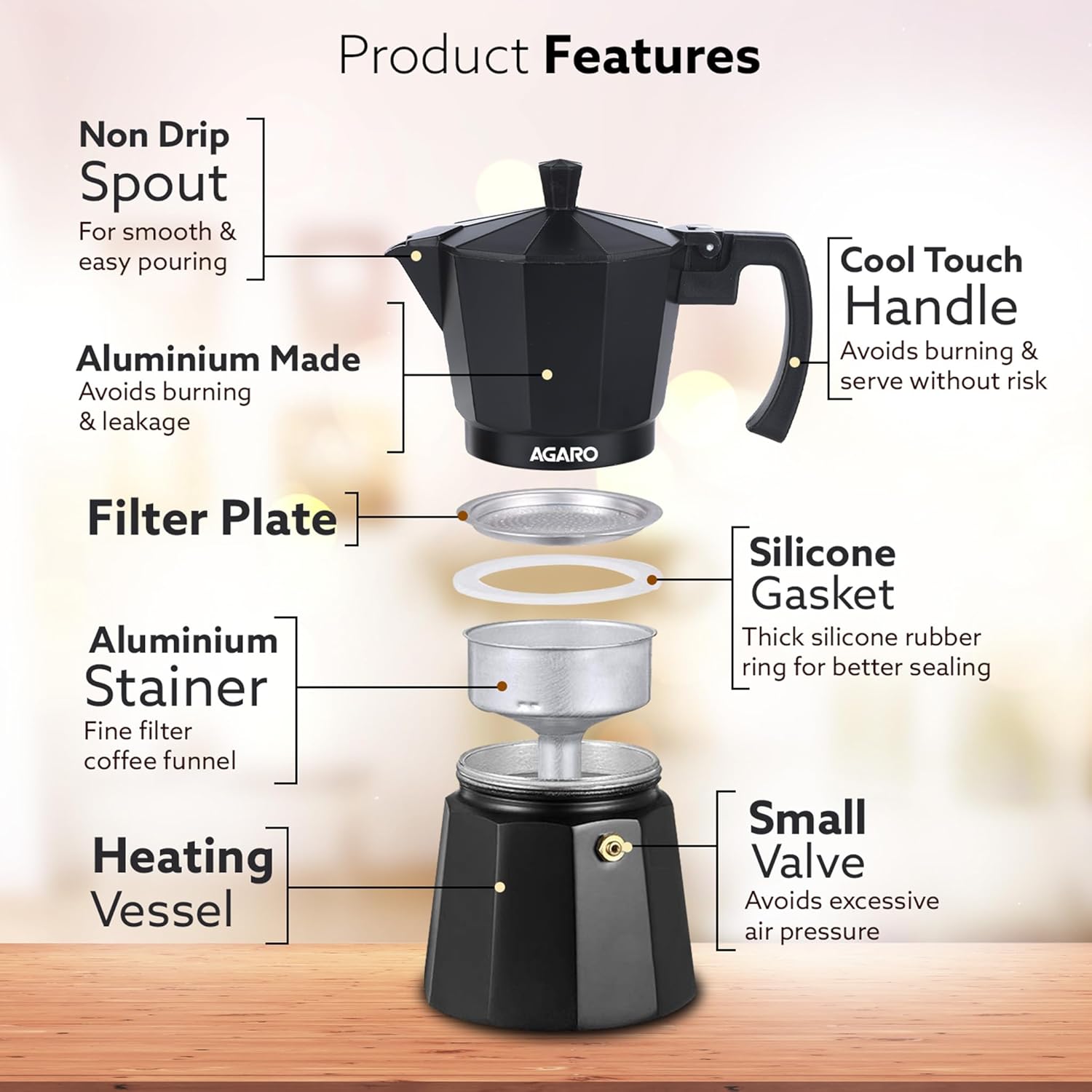 AGARO Classic Moka Pot, Stovetop, Espresso Coffee Maker, 240 Ml, Premium Aluminium Built, Italian Style Mocha, Cuban Café Brewing, Black