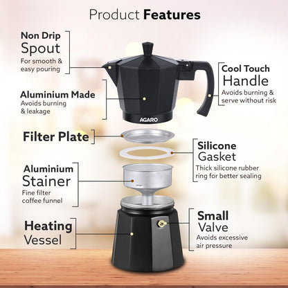AGARO Classic Moka Pot, Stovetop, Espresso Coffee Maker, 240 Ml, Premium Aluminium Built, Italian Style Mocha, Cuban Café Brewing, Black