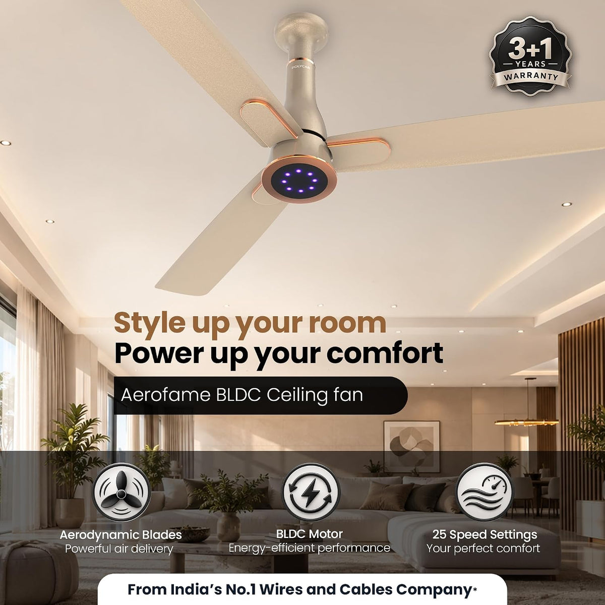 Polycab Aerofame BLDC 1200 mm Ceiling Fan with Remote | 5 Star (Champagne Gold)